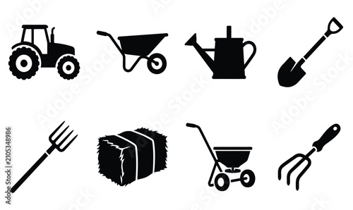 Cuadro en lienzo Farming and agriculture icons set with black vector silhouettes of machinery too