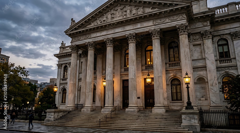 Fototapeta premium Neoclassical government building with columns at dusk.