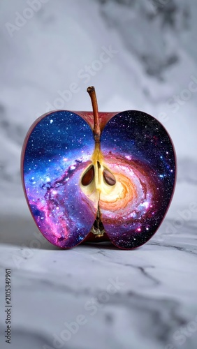 Sliced apple with a colorful nebula universe on marble.