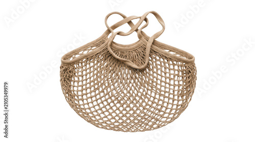 Eco-friendly reusable string shopping bag, beige cotton mesh grocery tote for zero waste lifestyle, sustainable woven net bag isolated on transparent background