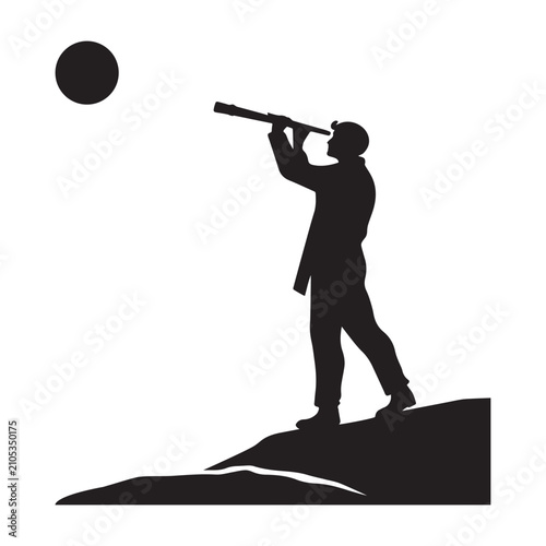 Obraz na plátně Silhouette Of Man With Telescope On Hilltop Against White Background person figu