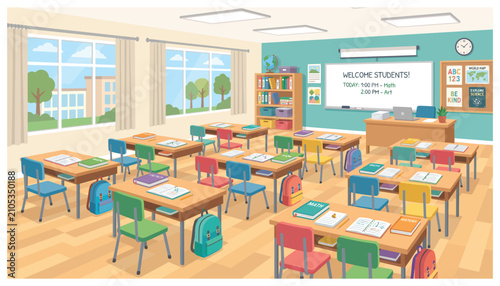 Empty classroom interior featuring colorful student desks with open books and backpacks in bright daylight