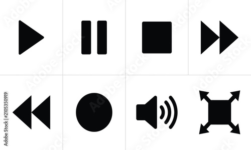 Tableau sur toile Media playback and audio control icon set with black vector silhouettes for vide