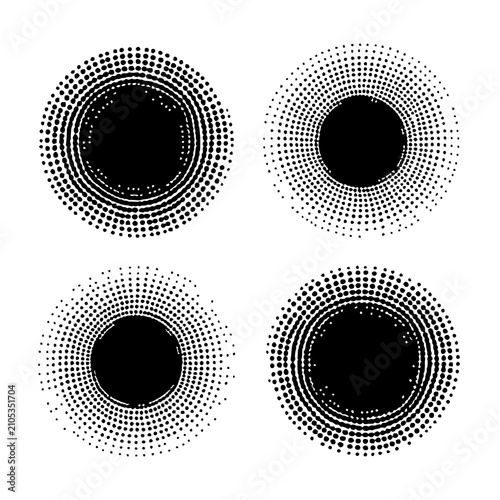 Radial dot pattern set with symmetrical circular gradient featuring black and white with minimalist vector design