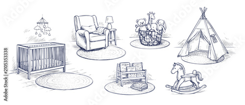 Fotografía Baby nursery furniture sketch set with crib, teepee, and rocking horse
