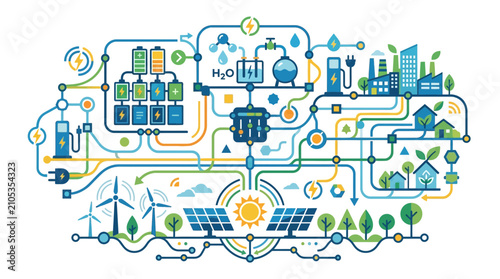 Konstfotografi Smart Energy Grid Infographic with Solar Power and Renewable Resources
