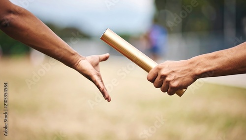 Close up of athletes hands exchanging a gold relay baton during a sports race on a track, symbolizing teamwork, transition, and athletic competition.