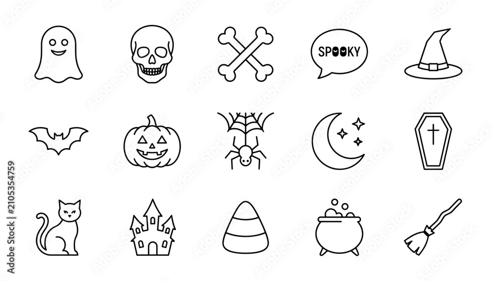 Fototapeta premium Set of 15 black outline halloween icons including ghost skull crossbones spooky speech bubble witch hat bat pumpkin web cat and castle with halloween