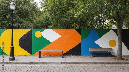 Geometric Mural and Park Bench Scene with Autumnal Greenery and a Lamppost