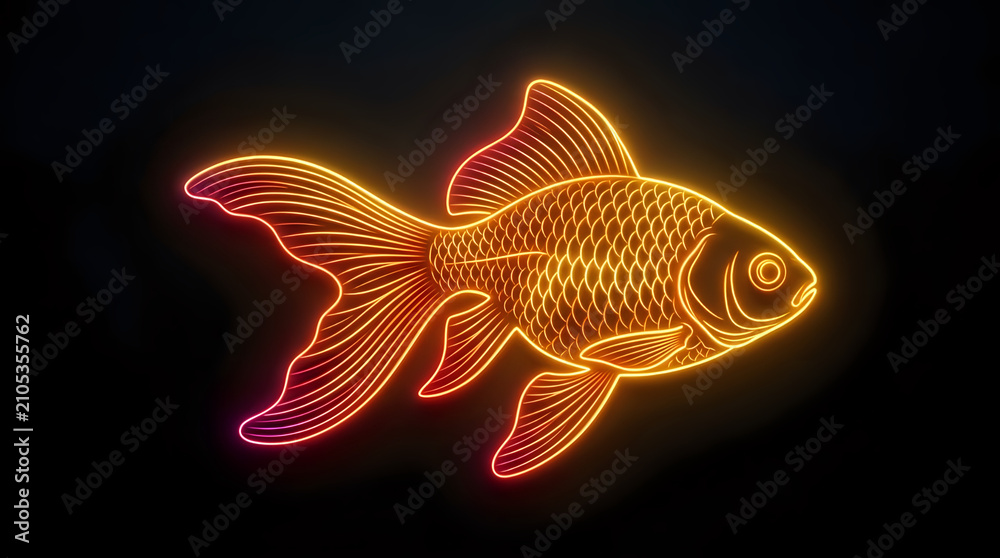 Fototapeta premium Gold fish outline illustration made of glowing neon light lines on dark background