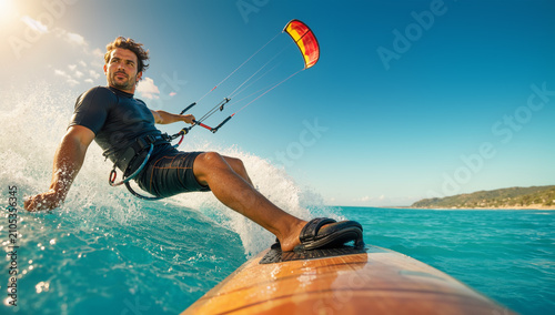 Dynamic action shot of a determined young man kiteboarding on a turquoise ocean wave under a bright sun, capturing the adrenaline and freedom of extreme summer water sports.