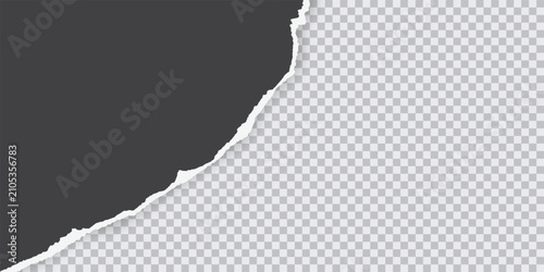 Tear black paper. Torn black paper triangular piece with ripped edges isolated on transparent. Scrapbook edge, notebook tear, document mockup, newspaper cutout. Realistic vector illustration.