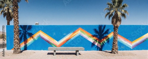 Colorful Mural and Palm Trees Under a Bright Blue Sky - Desert Landscape Photography