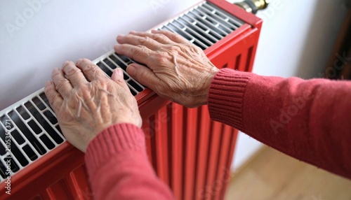 Senior Person Warming Hands on a Red Home Radiator in Winter