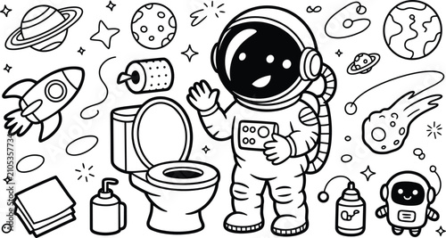 Konstfotografi Cute astronaut with zero gravity space toilet doodle vector illustration with rocket, planets, hygiene products, and cosmic background elements