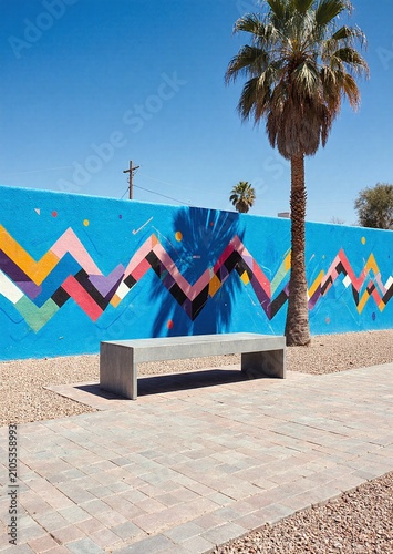 Colorful Mural and Bench Under Palm Tree on Sunny Day - Southwestern Art Scene