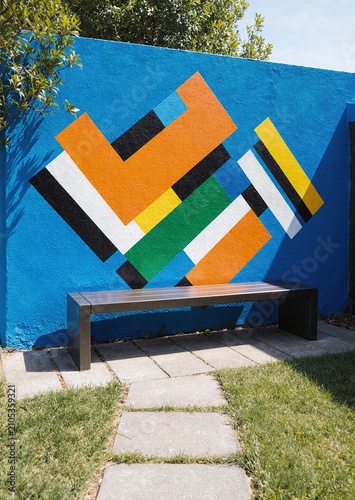 Geometric Mural and Bench in a Sunny Outdoor Space
