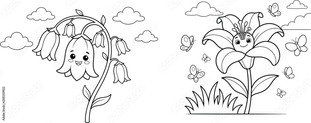 Fototapeta premium Cute Bell Flowers and Lily with Butterflies Coloring Page for Kids Illustration Set