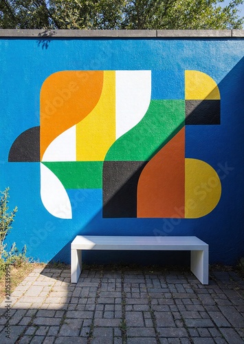 Geometric Mural and Bench Against Blue Wall - Modern Outdoor Art Installation