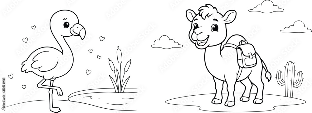 Fototapeta premium Cute Cartoon Flamingo and Backpack Camel Coloring Page Illustration for Kids Learning