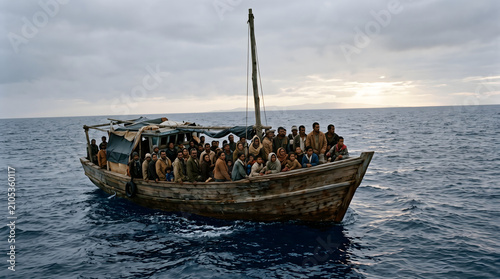 A crowded, weathered boat with diverse individuals navigates the vast open sea under an overcast sky, representing a poignant human journey towards an uncertain future