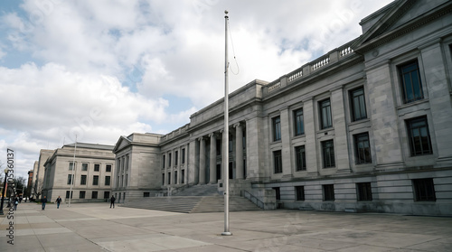 Grand neoclassical government building with a prominent empty flagpole under an overcast sky, showcasing historical architecture and civic importance