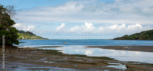Raglan harbour tidal flats and hills landscape, New Zealand, 3 January 2024