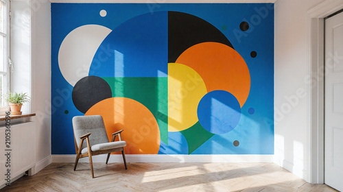 Modern Interior Design with Geometric Wall Mural and Mid-Century Chair
