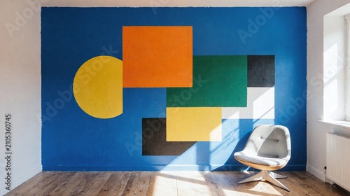 Geometric Wall Mural and Modern Chair in Brightly Lit Interior Space