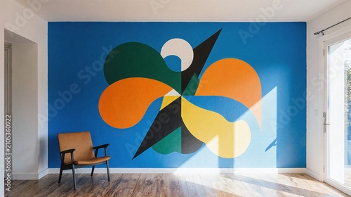 Modern Interior Design with Abstract Geometric Mural and Wooden Chair