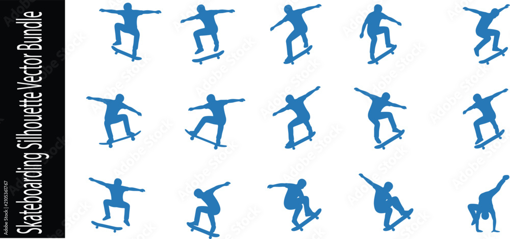 Fototapeta premium Skateboarding Silhouette Vector Bundle with Skateboard Tricks Jump and Freestyle Action Poses