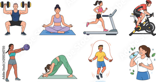 Obraz na plátně WebSet of People Doing Fitness Exercises and Healthy Lifestyle Activities for Tr