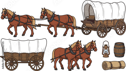 Bild auf Leinwand Wild West Covered Wagon and Horse Team Vector Set Featuring Pioneer Stagecoach C