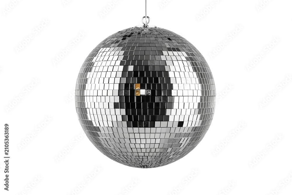 Fototapeta premium Disco ball hanging, reflecting light, symbolizing celebration, party, nightlife, retro entertainment, music, dance vibe