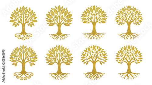 Konstfotografi Golden stylized tree icons with roots