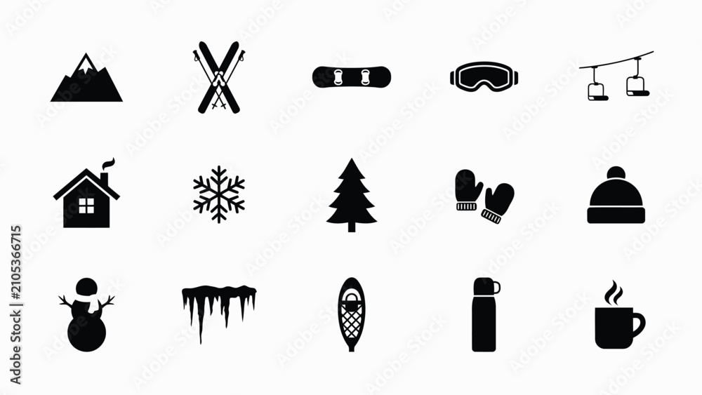 Naklejka premium Winter sports and cozy mountain lifestyle flat icon collection with minimalist black white icon sheet showcasing winter activities hot beverages against neutral background
