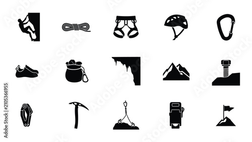 Bild auf Leinwand Comprehensive set of black and white mountain climbing equipment icons with mini