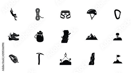 Bild auf Leinwand Minimalist black silhouette icons of outdoor adventure with mountain symbols aga