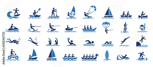 Bild auf Leinwand Collection of blue water sports and activities icons.