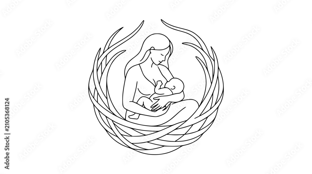 Obraz premium Minimalist Line Art Vector of a Mother Breastfeeding Her Infant in a Protective Nest