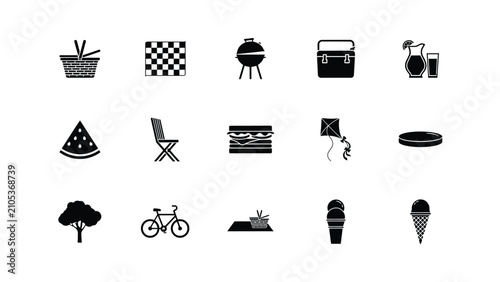 Quadro em tela Minimalist black summer outdoor activity icons set with picnic with flat design