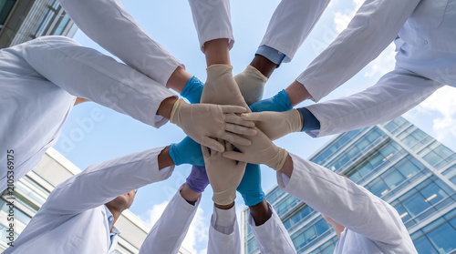 Low angle view of diverse group of professional scientists stacking hands in unity huddle wearing white lab coats and protective gloves outside modern office building