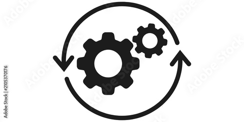 Interlocking gears inside a circular arrow representing workflow and synchronization process isolated on transparent background