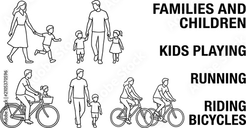 Collection of families and children line art vector illustrations walking running playing and riding bicycles set