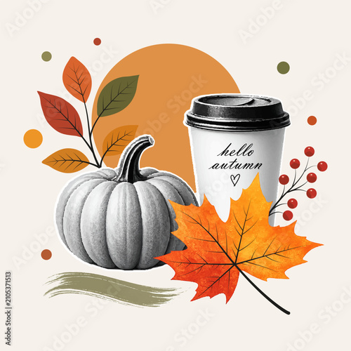 Minimal autumn illustration with pumpkin, takeaway coffee cup, maple leaf and botanical elements. Cozy fall composition for seasonal design, Thanksgiving, greeting card and decor.