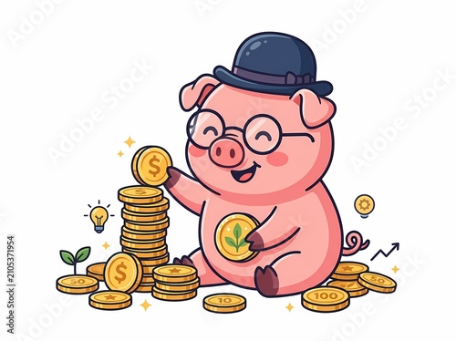 Cute Cartoon Pig Investor with Coins.