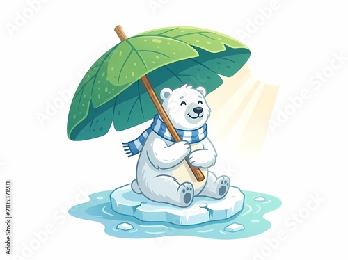 Cute cartoon polar bear holding a large green leaf umbrella on melting ice floe.