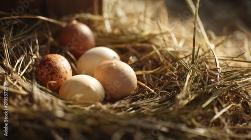 eggs resting on straw nest, close-up from left angle, soft shadows, natural farm environment, ultra detailed 8k