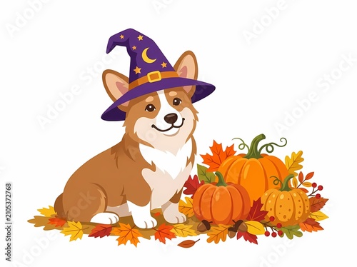 Cute Corgi Dog Wearing A Halloween Witch Hat With Autumn Pumpkins.