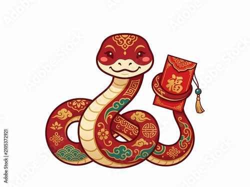 Cute cartoon snake with red envelope for Chinese New Year celebration.